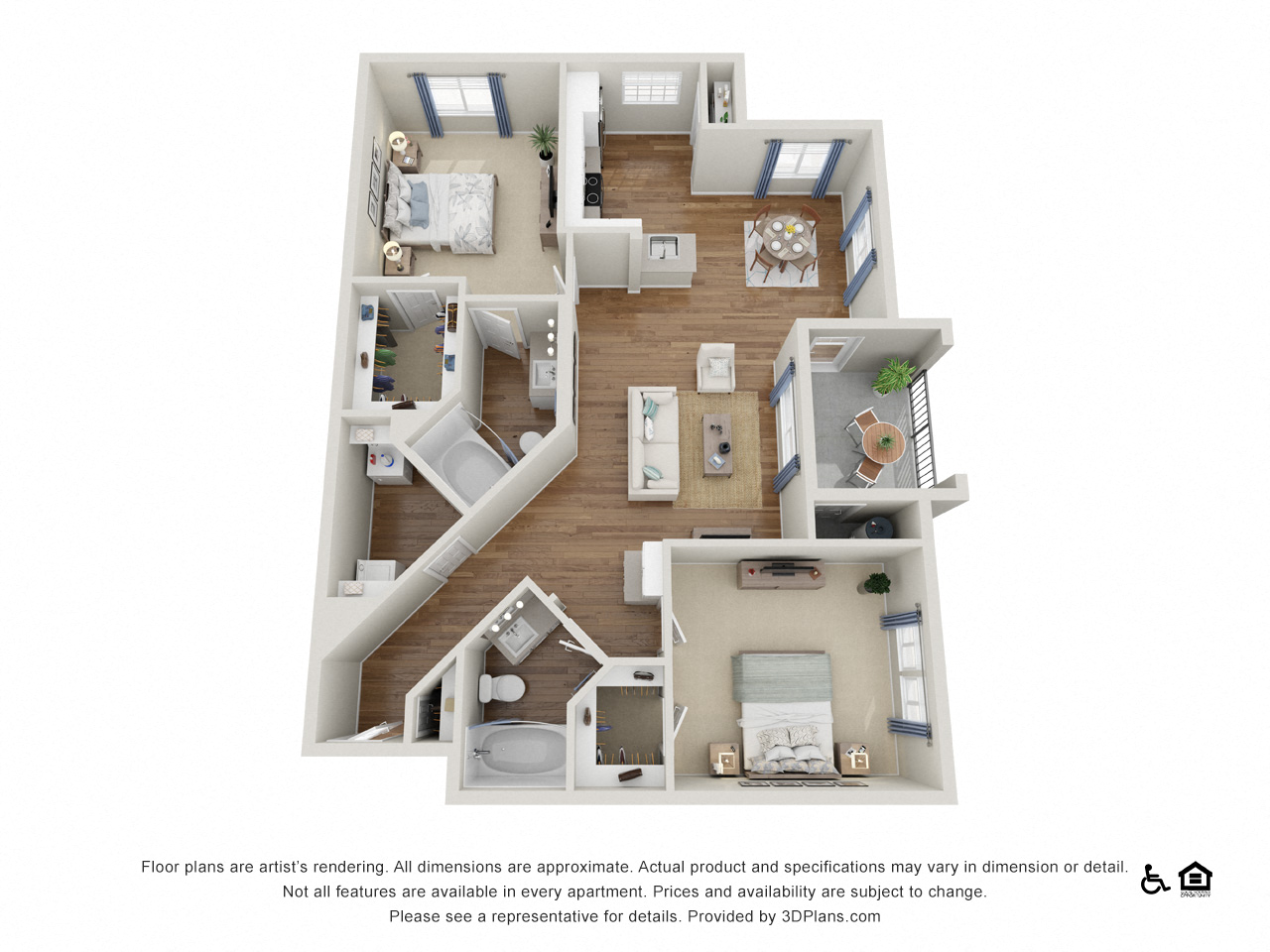 Floor plan for 2 beds, 2 baths, 1122 sqft